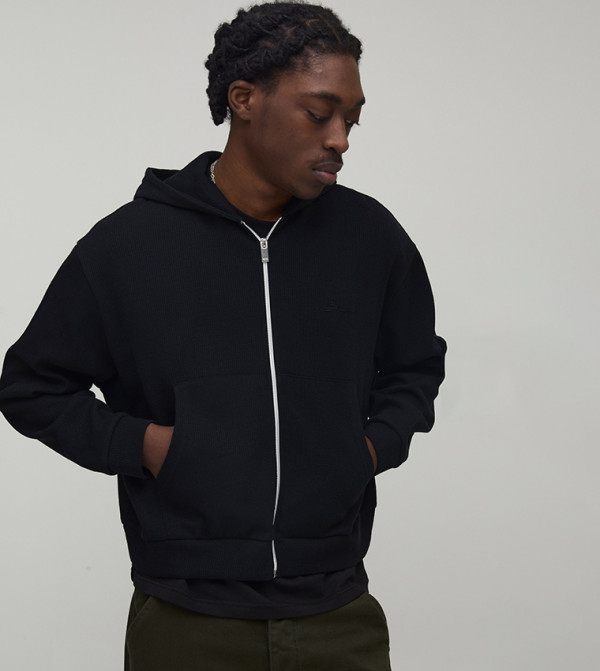 Shrunken Waffle Zip-Through Oversized Hooded Jacket