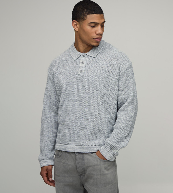 Fisherman Ribbed Marl Oversized Knitted Polo Neck Sweater