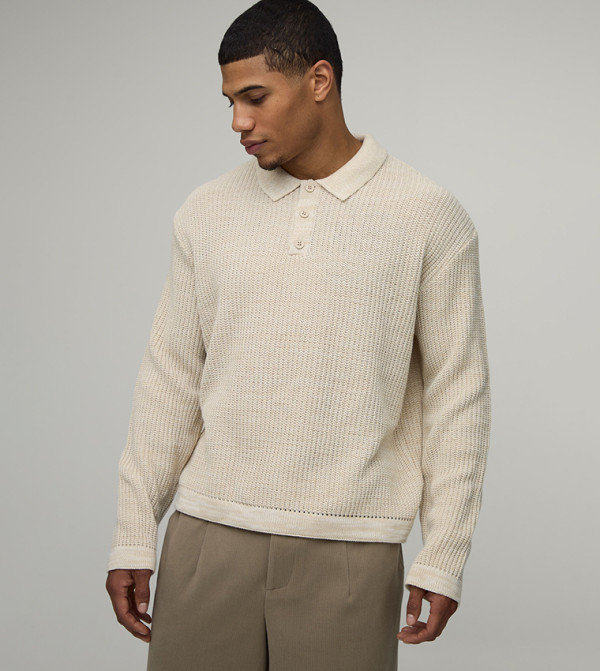 Fisherman Ribbed Marl Oversized Knitted Polo Neck Sweater