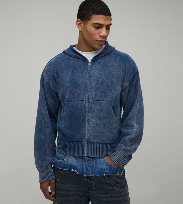 Washed Effect Boxy Fit Knitted Hooded Jacket