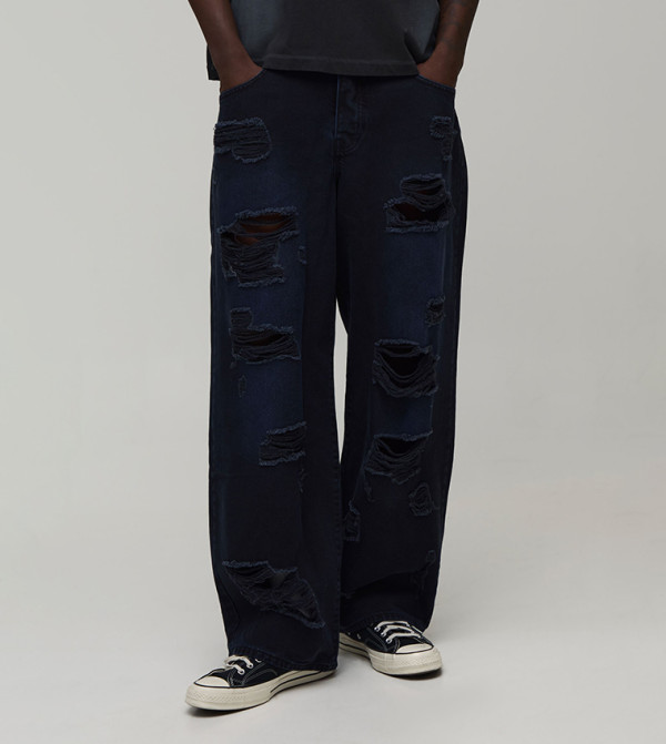 Adjustable Waist Tinted Extreme Ripped Super Baggy Fit Jeans