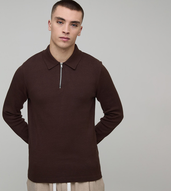Muscle Fit Soft Touch Long Sleeves 1/4 Zip Knitted Polo T-Shirt