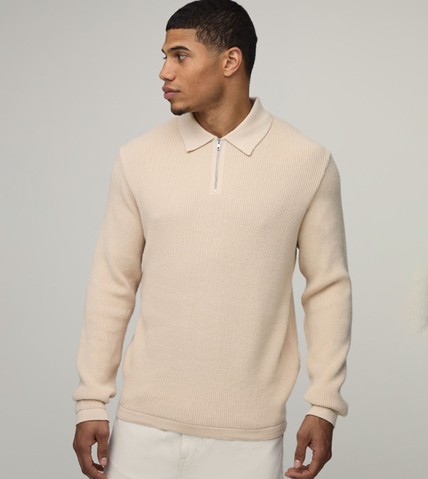 Soft Touch Waffle 1/4 Zip Knitted Polo Neck Sweater