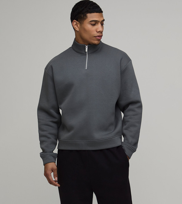 Solid Oversized Zipper Neck Funnel Neck Sweatshirt