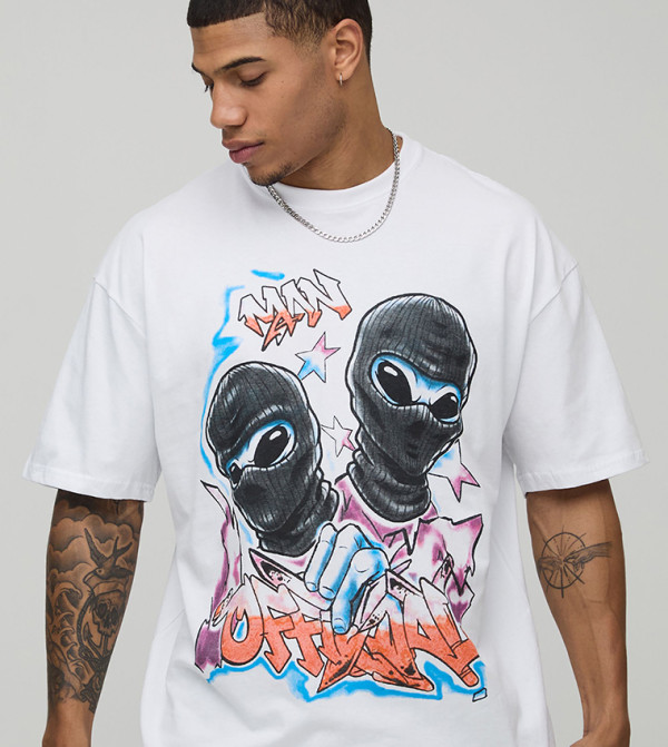 Alien Graffiti Printed Oversized T-Shirt