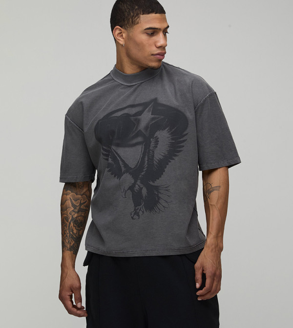 Washed Eagle Print Exposed Seam Boxy T-Shirt