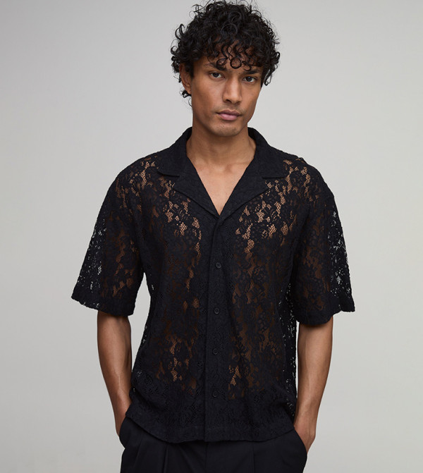 Revere Short Sleeves Lace Boxy Fit Shirt