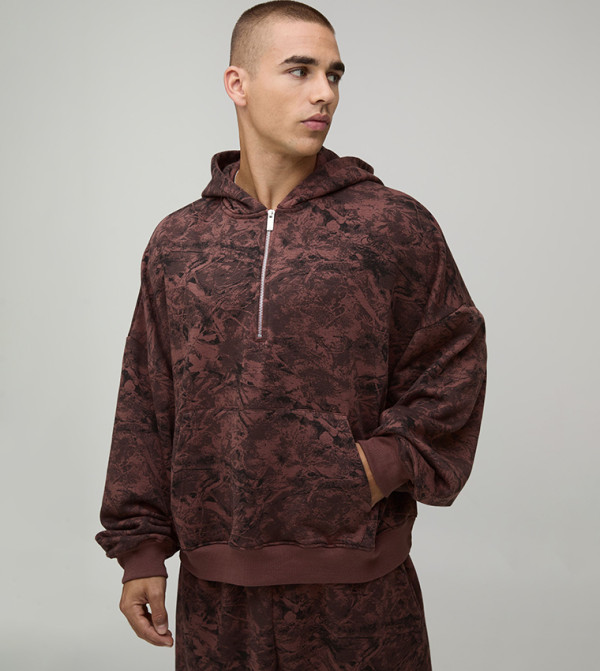 Batwing Camo Quarter Zip-Through Oversized Hoodie