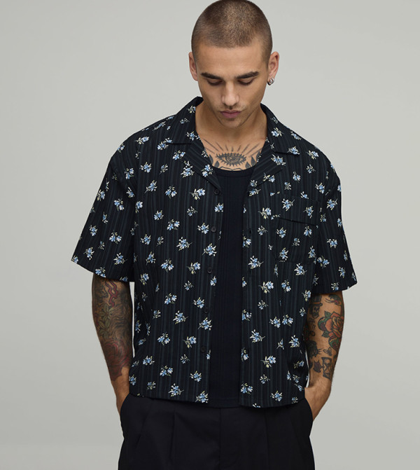 Textured Floral Print Oversized Shirt