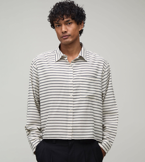 Striped Long Sleeves Oversized Crop Shirt