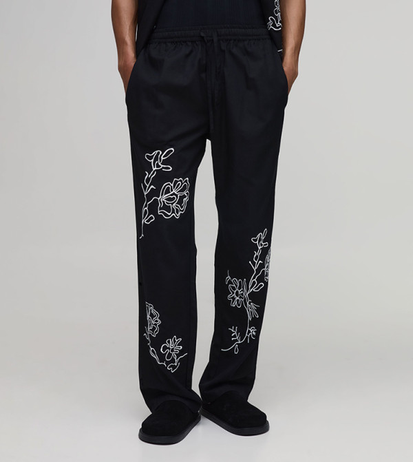 Linen Blend Floral Embroidered Trousers