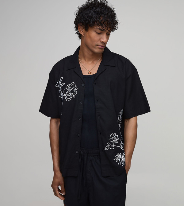 Floral Sketch Linen Blend Short Sleeves Oversized Shirt