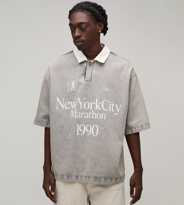 New York Embroidered Denim Rugby Polo T-Shirt