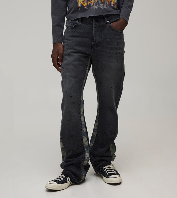 Washed Camo Gusset Stacked Flared Jeans