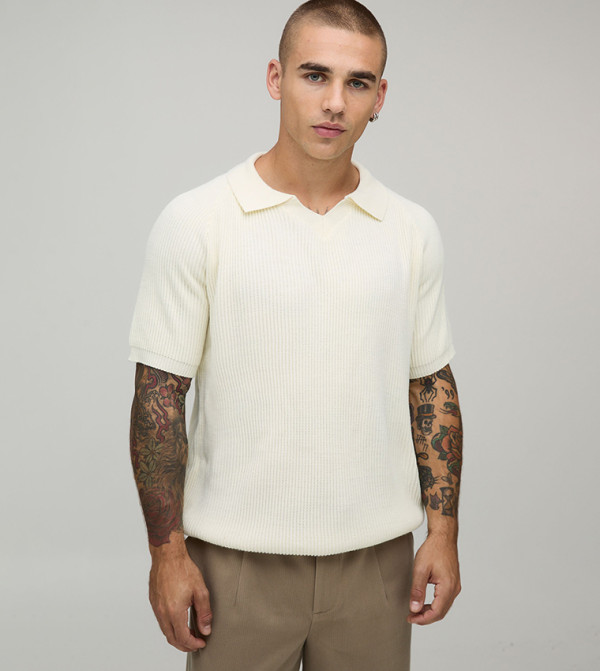 Ribbed Short Sleeves Knitted Polo T-Shirt