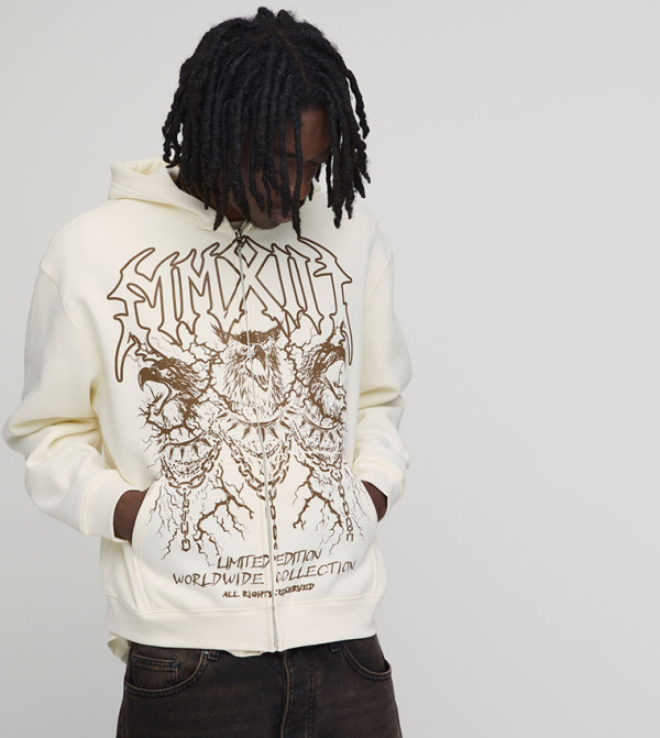 Eagle Print Zip-Through Oversized Hoodie