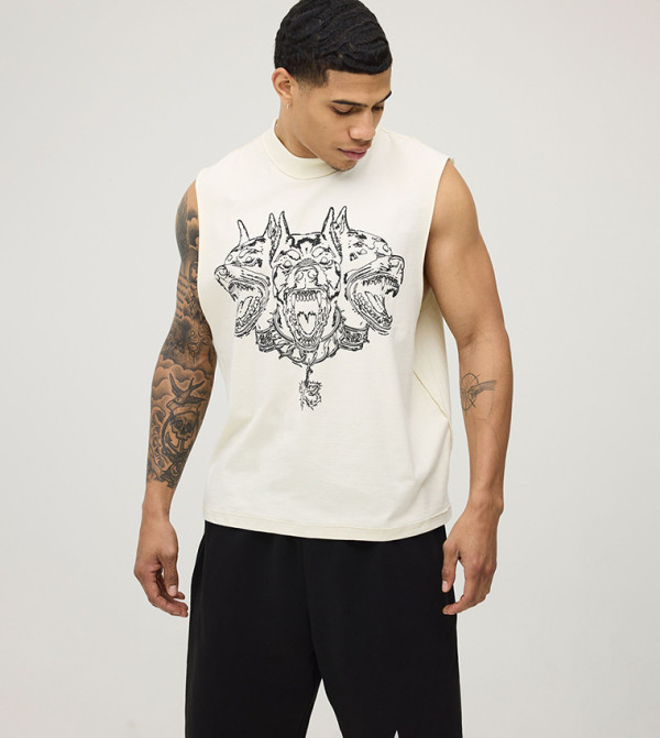 Exposed Seam Dog Print Oversized Tank Top