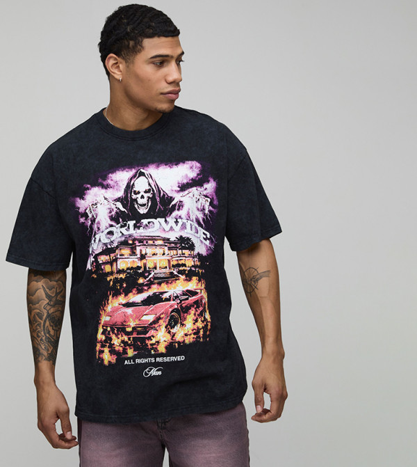 Acid Worldwide Gothic Print Oversized T-Shirt
