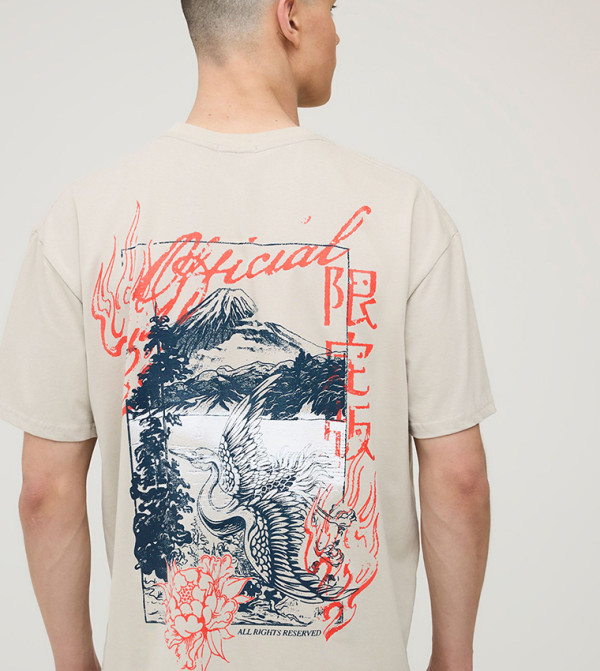 Crane Print Short Sleeves Oversized T-Shirt