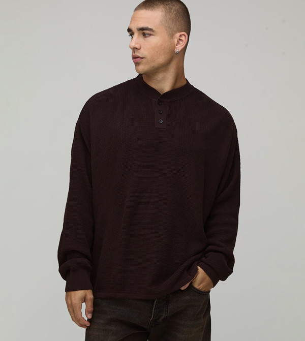 Henley Waffle Long Sleeves Knitted T-Shirt