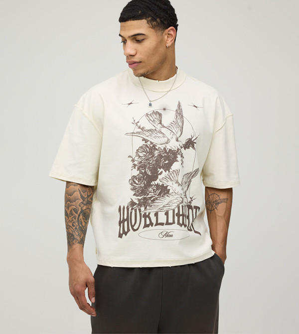 Exposed Seam Dove Print Oversized T-Shirt