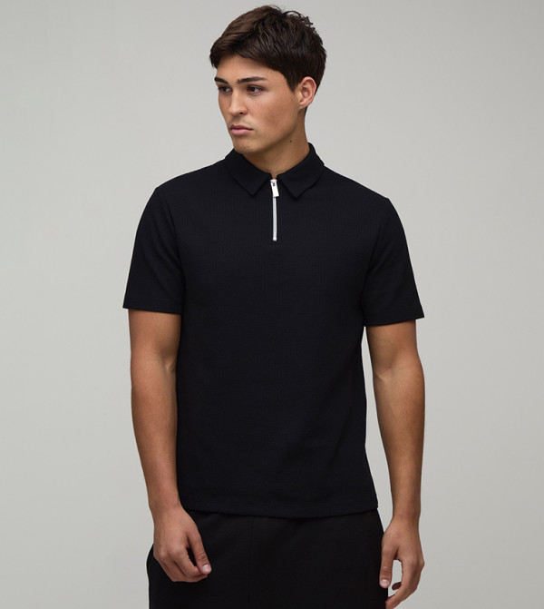 Slim Zipper Neck Waffle Polo T-Shirt