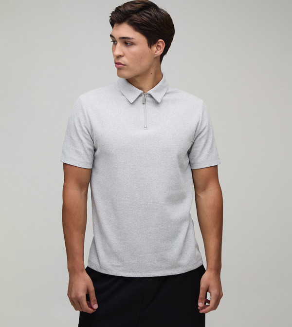 Slim Zipper Neck Waffle Polo T-Shirt