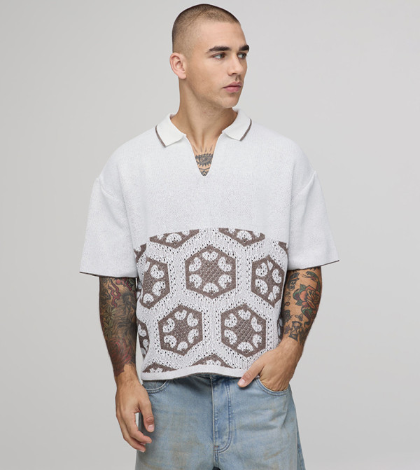 Crochet Tapestry Knitted Boxy Polo T-Shirt