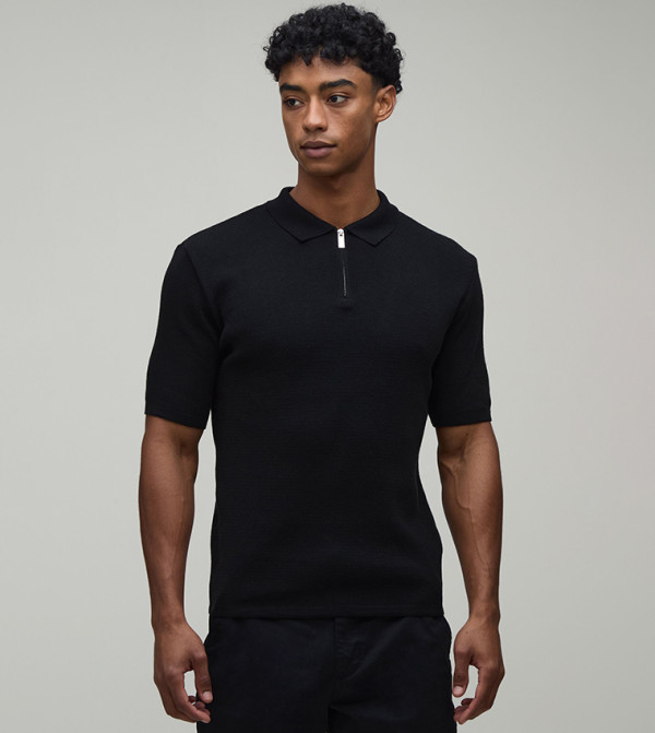 Muscle Fit Blend 1/4 Zip Knitted Polo T-Shirt
