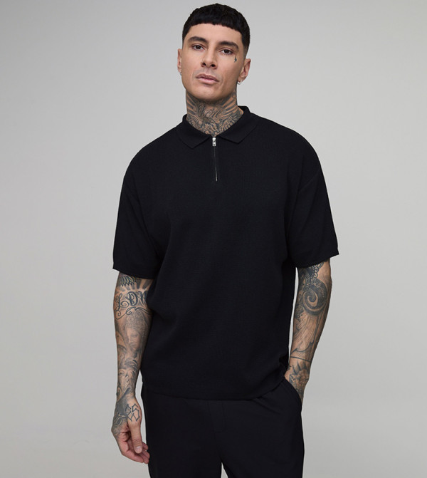 Tall 1/4 Zip Cotton Blend Boxy Knitted Polo T-Shirt
