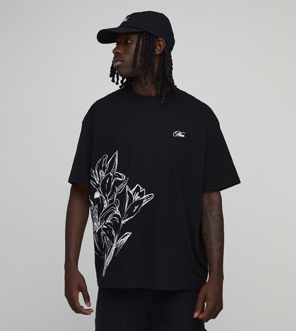 Floral Line Drawn Printed Crew Neck Oversized T-Shirt