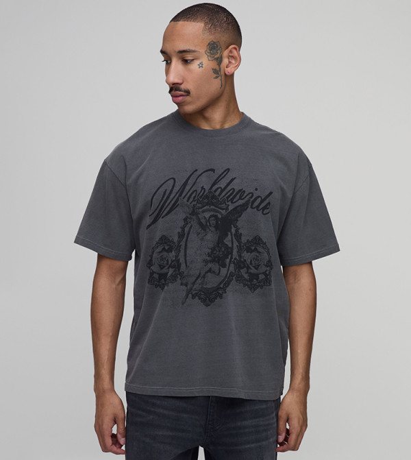 Renaissance Print Washed Print Oversized T-Shirt