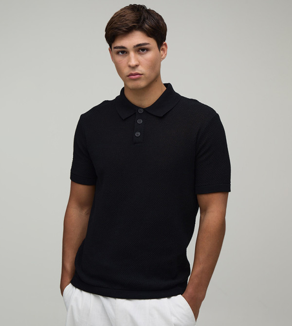 Regular Fit Textured Button Up Knitted Polo T-Shirt