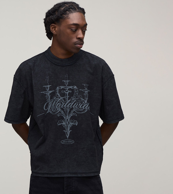 Acid Exposed Seam Chandelier Print Oversized T-Shirt