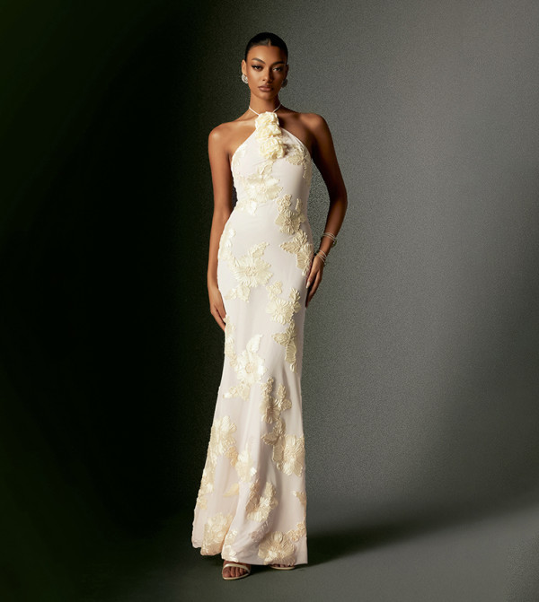 GRISELDA Flower Embroidered Halterneck Maxi Party Dress