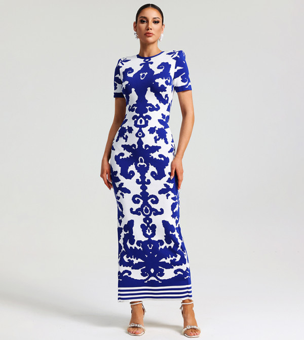 BB LERAE Jacquard Short Sleeves Bandage Maxi Dress