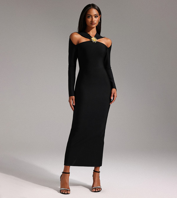 LAVE Long Sleeves Hollow Out Bandage Maxi Dress