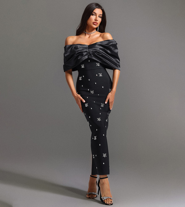 SOLOMA Off Shoulder Diamond Maxi Party Dress