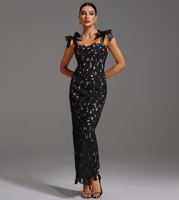 LUCRETIA Sleeveless Lace Bow Maxi Party Dress