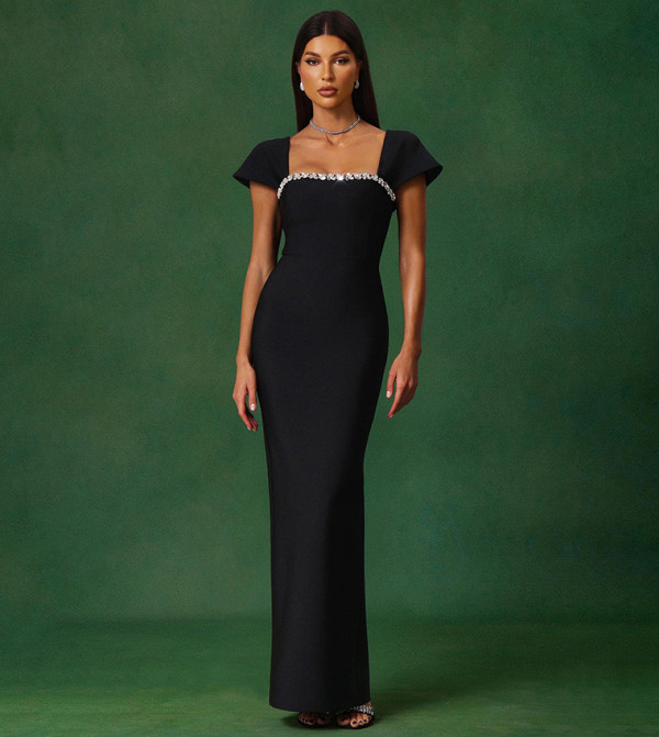 ROMELLE Short Sleeves Diamond Bandage Maxi Party Dress