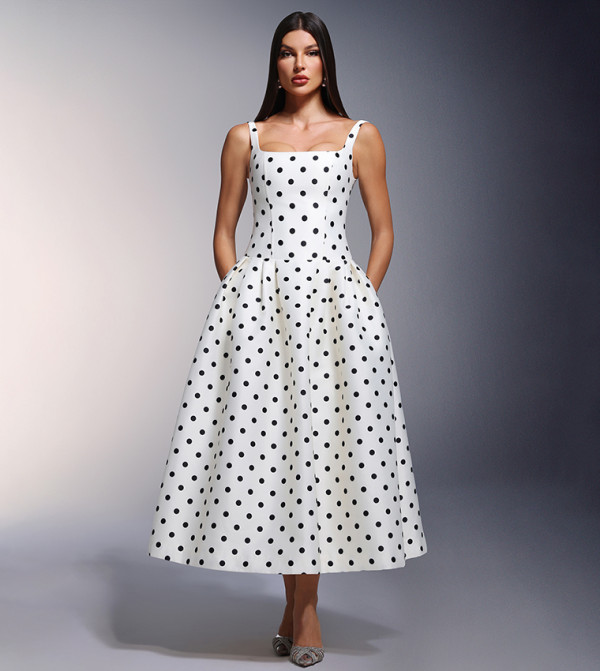 ZADA Polka Dots Sleeveless Wave Point Midi Dress