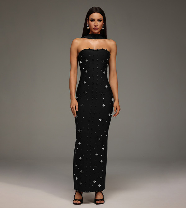 NESYA Sleeveless Pearl Bandage Maxi Party Dress