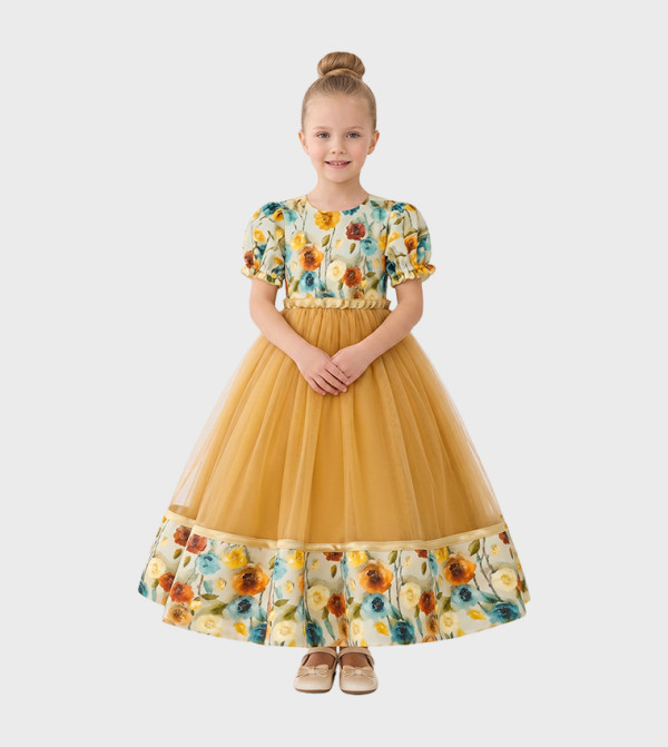 Floral Print Puff Sleeves Tulle Maxi Dress