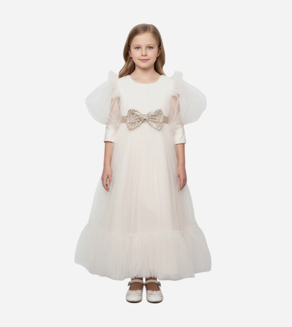 Bow Detailed Puff Sleeves Tulle Gown