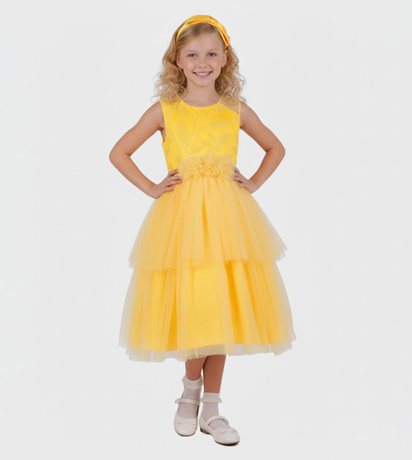 Embroidered Layered Dress with Headband