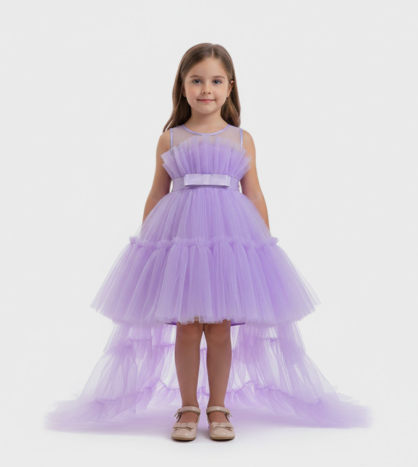 Girls Bow Front Tulle Dress with Long Trail