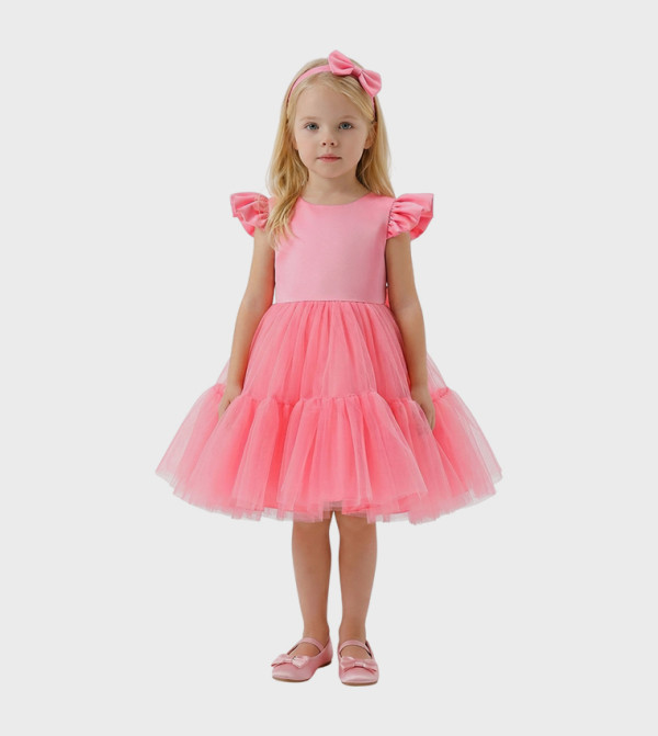 Bow Front Ruffled Mesh Dress