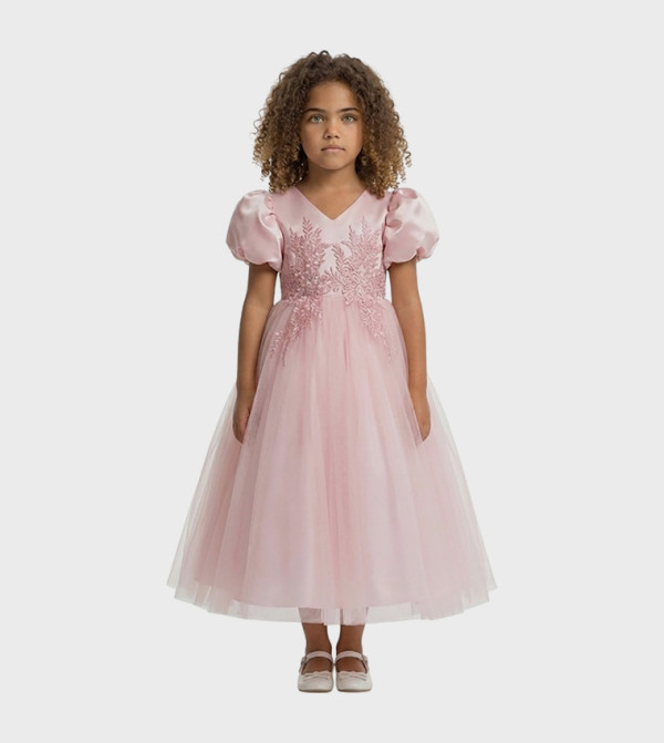 Puff Sleeve Long Tulle Pearl Dress