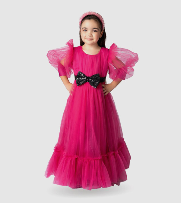 Bow Detailed Puff Sleeves Tulle Gown