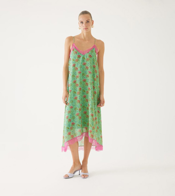 Patterned Lace Trim Strappy Midi Dress